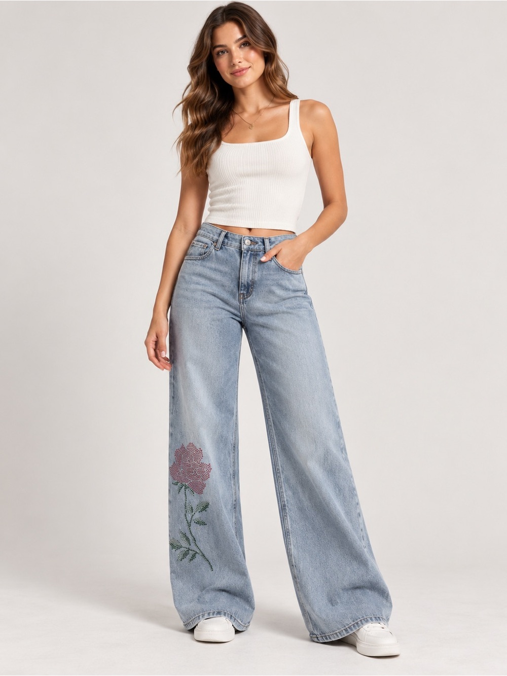 Tinseltown Light Wash Wide-Leg Jeans with Pink Floral Embroidery